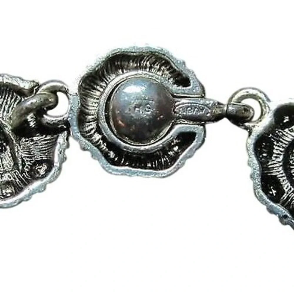 Rhinestone Black Enamel Flower‎ Link Bracelet Silver Tone Glamorous Statement